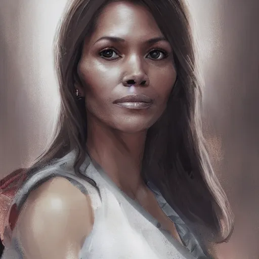 Image similar to maci holloway in a political meeting, first woman elected as president in usa, cold but beautiful, about 3 5 years old, highly detailed, mix of halle berry and julia roberts, gong li, olga kurylenko, artstation hd, deviantart, by artgem, greg rutkowski
