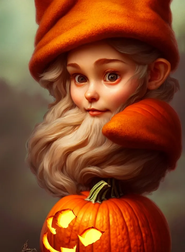 Image similar to hand drawn cute one gnomes face in autumn and pumpkin, detailed closeup face, concept art, low angle, high detail, warm lighting, volumetric, godrays, vivid, beautiful, trending on artstation, art by artgerm and greg rutkowski and alphonse mucha