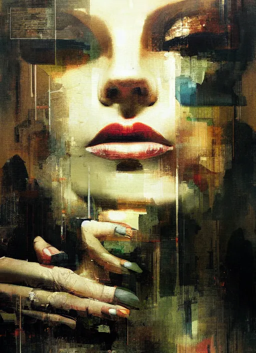 Image similar to a beautiful glitched painting by christian hook of a woman in a bathroom, brushstrokes by jeremy mann, still life, dark colors