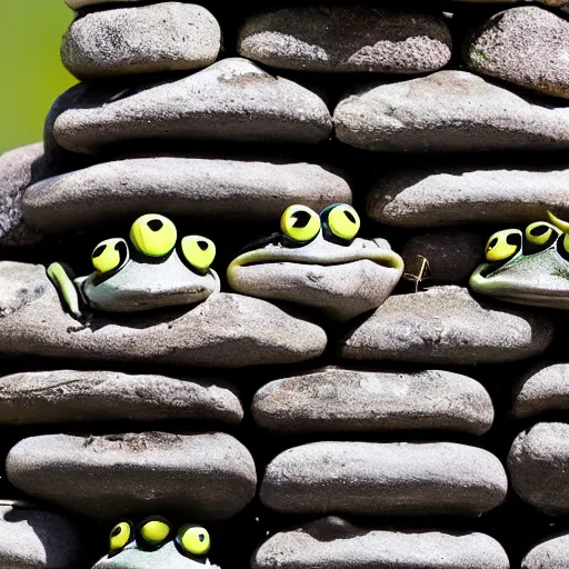 Prompt: a tower of frogs stacked on top of each other