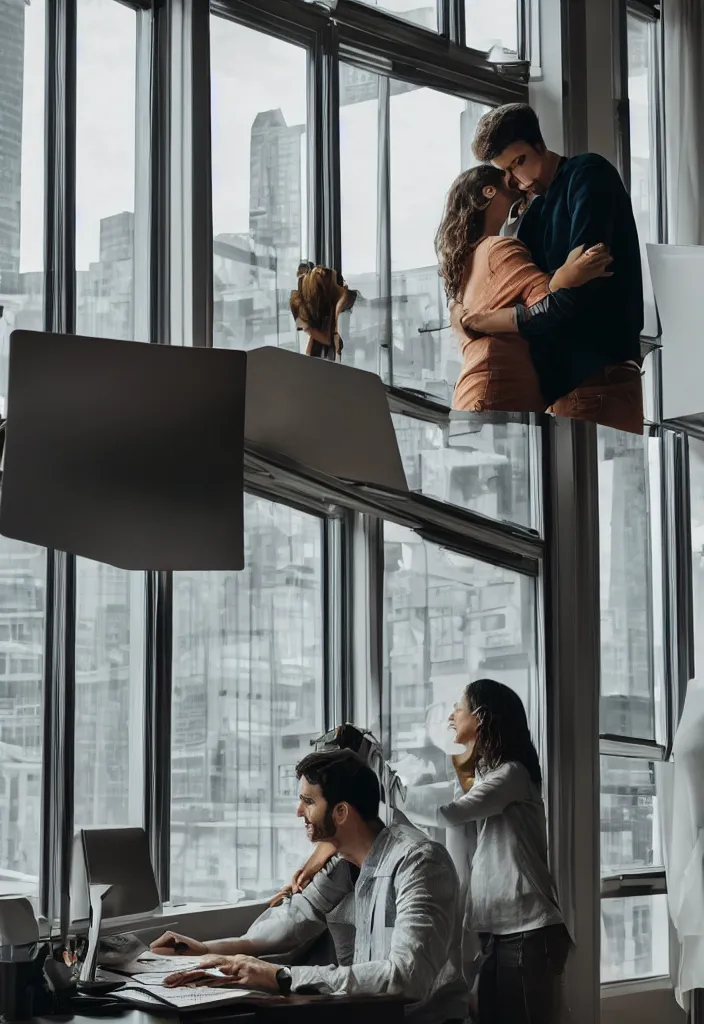 Prompt: wife hugging her husband that is working at his futuritic desk looking at the window with a futuristic city, highly detailed