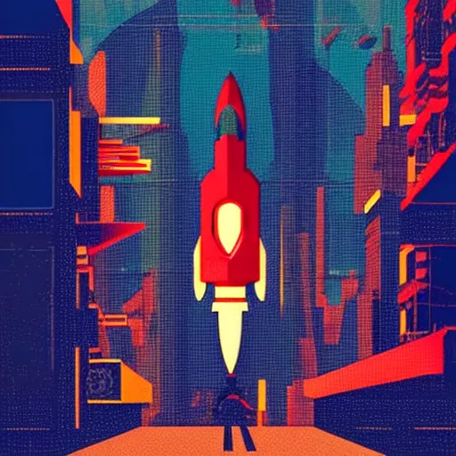Prompt: rocket standing on a street in the middle of a cyberpunk city, neon signs, beige background, minimalism, flat design, in the style of a soviet propaganda poster