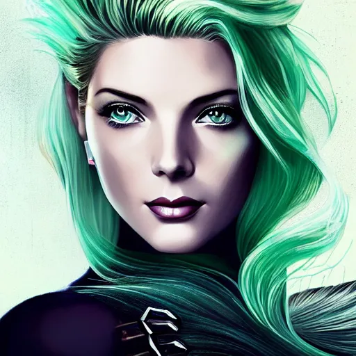 Prompt: A combination of Grace Kelly's and Katheryn Winnick's and Ashley Greene's faces with light green hair as a mermaid on the beach, cyberpunk style, synthwave aesthetic, fantasy, intricate, elegant, highly detailed, digital painting, artstation, concept art, matte, sharp focus, illustration, half body portrait, anime style, blue tint, art by Artgerm and Greg Rutkowski and Alphonse Mucha