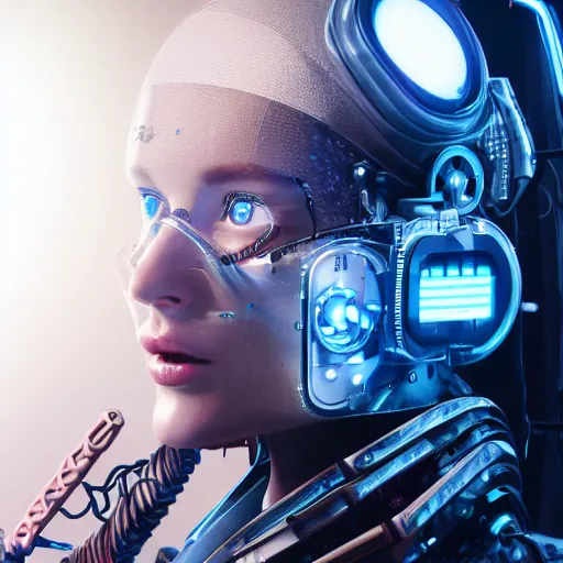 Prompt: photoreal portrait of a futuristic intricate beautiful robot in a futuristic server bunker of singularity, intricate impulsing circuits, glittering light leaks, electromagnetic waves, blue glowing led eyes, wearing a very intricate wwii combat flight mask and goggles, octane render, trending on artstation, cyberpunk, dystopia tokyo