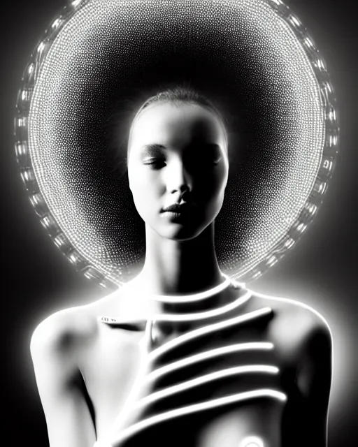 Image similar to black and white dreamy spiritual connected young female cyborg - plant goddess high quality photo, microchip, artificial intelligence, bio - mechanical bio - luminescence, black wired cables, neurons, nerve cells, cinematic, rim light, photo - realistic, elegant, high detail, 8 k, masterpiece, high fashion