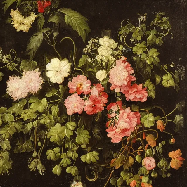 Image similar to flowers and ivy in a garden at night, a flemish baroque painting by jan van kessel the younger, black background, intricate high detail masterpiece