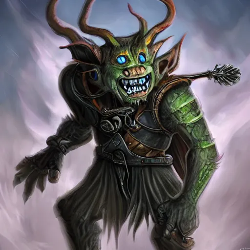 Image similar to a highly detailed goblin with grey skin and blue eyes that glow, with a windy background, like magic the gathering, goblin chainwalker,, digital art, by christopher rush