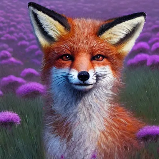 Image similar to a portrait of a cute fox in a field of beautiful flowers, by stanley lau and greg rutkowski