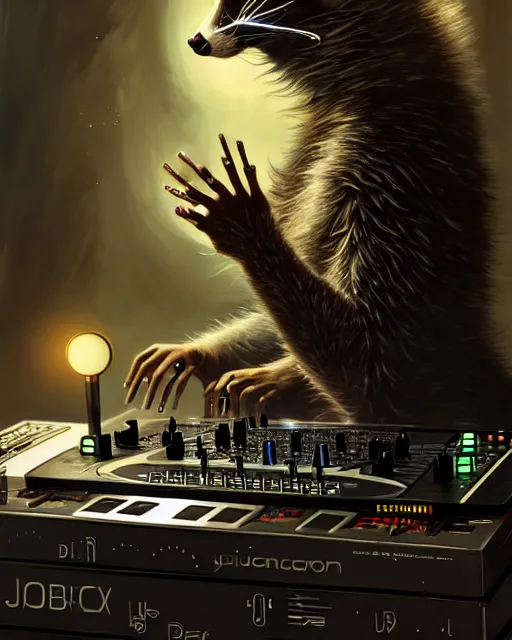 Image similar to cyborg dj raccoon mixing on stage, diffuse lighting, fantasy, intricate, elegant, highly detailed, lifelike, photorealistic, digital painting, artstation, illustration, concept art, smooth, sharp focus, art by john collier and albert aublet and krenz cushart and artem demura and alphonse mucha