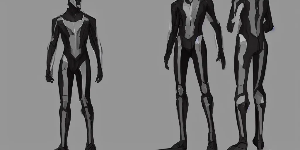 Image similar to male, science fiction suit, character sheet, concept art, stylized, large shoulders, long thin legs, concept design