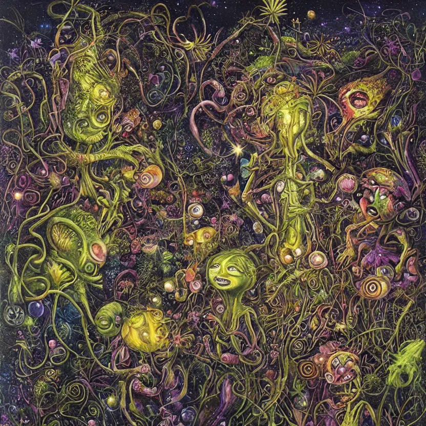 Prompt: painting of aliens in a garden at night by hannah yata and r. s. connett.