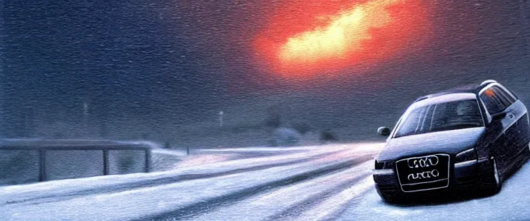 Image similar to Audi A4 B6 Avant (2002), a gritty neo-noir, dramatic bright lighting, cinematic, establishing shot, extremely high detail, photorealistic, cinematic lighting, artstation, by simon stalenhag, Snowy italian road, Snowy Alps, car crash, At night, Poets of the Fall - Late Goodbye