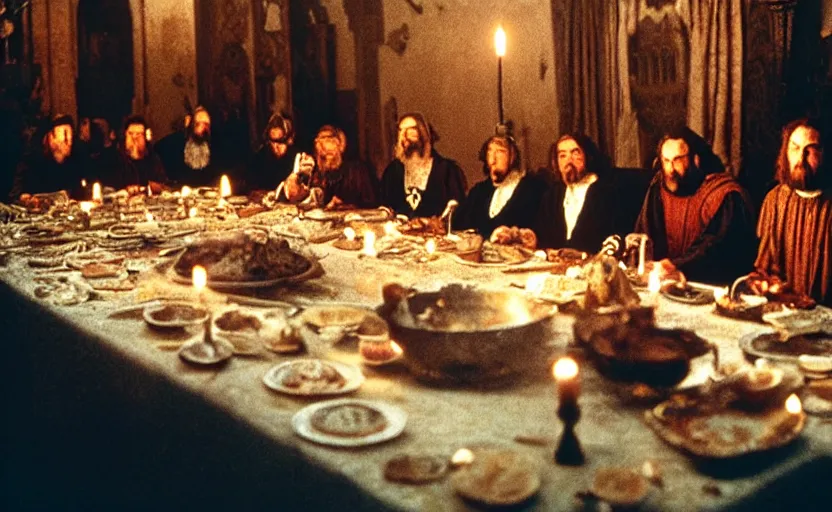 Image similar to Medieval kings sitting around a big dinner table with candles in the shining by stanley kubrick, shot by 35mm film color photography