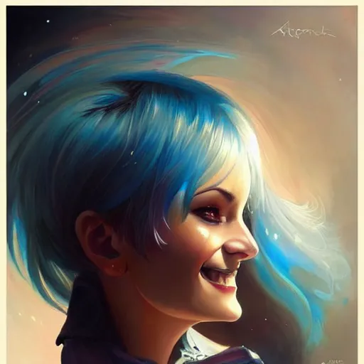 Prompt: a beautiful painting of a smiling woman with stylish short blue hair and sparkling blue eyes representative of the art style of artgerm and wlop and peter mohrbacher, portrait, kind smile