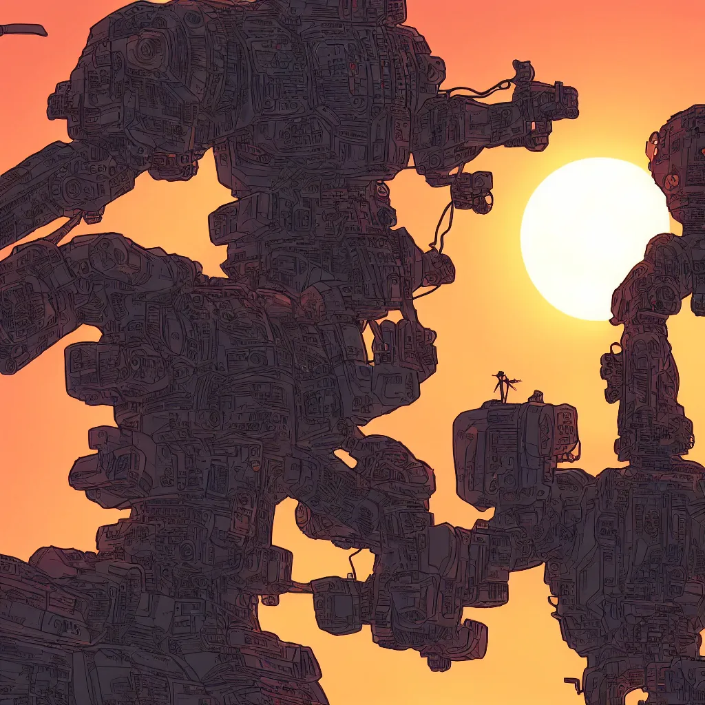 Image similar to in the style of max prentis and deathburger and laurie greasley a close up of a young explorer wearing a cyberpunk headpiece sitting on the head of a giant robot watching the sunset in the distance, highly detailed, 8 k wallpaper