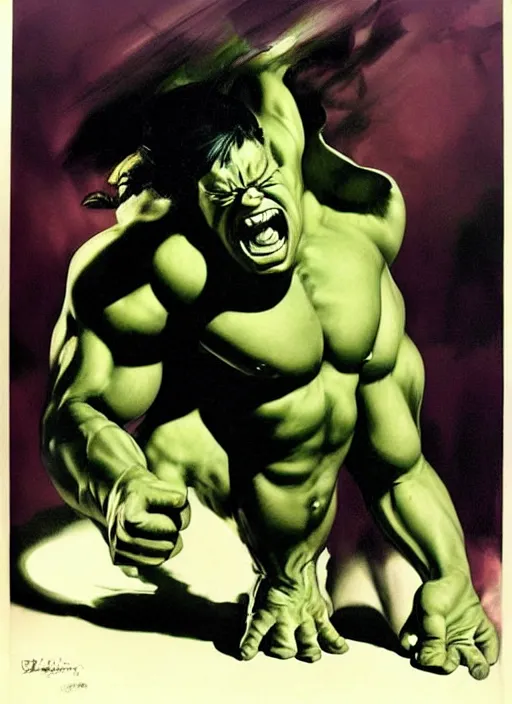 Prompt: The hulk, powerful, angry by Rolf Armstrong