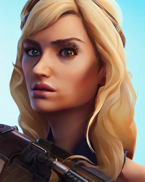 Prompt: beautiful blonde female sniper, award winning creature portrait photography, extremely detailed, artstation, 8 k, sensual lighting, incredible art, fortnite, wlop, artgerm, backlit, rim lighting, hi - fructose