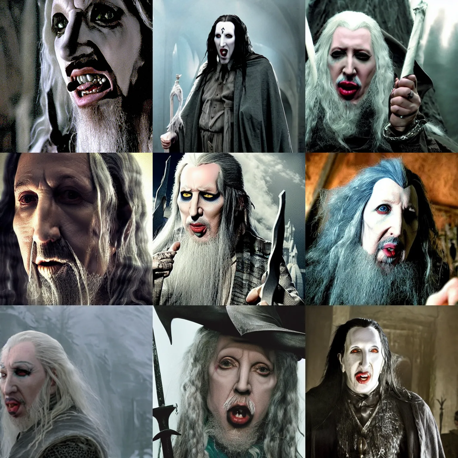 Prompt: Marilyn Manson as Gandalf, movie still from Lord of the Rings