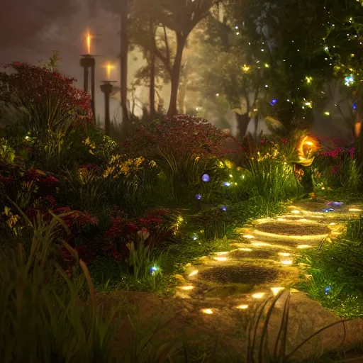 Prompt: fairy glowing magically at night concept art, realistic garden, beautiful, glorious, matte painting, highly detailed, trending on artstation, 4 k, rendered in octane