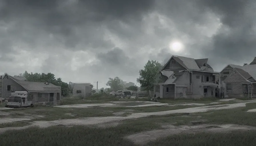 Image similar to midwest city's low - rise neighborhood, abandoned house, people, cloudy day, volumetric light, hyperdetailed, artstation, cgsociety, 8 k