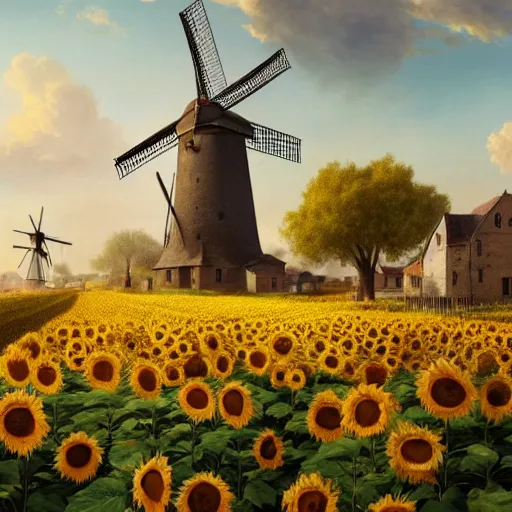 Image similar to a portrait of an sunny town full of sunflowers and villages and an windmill in the middle, Matte painting , detailed painting, made by Greg Rutkowski, 4k resolution, atmospheric, extremely high detail