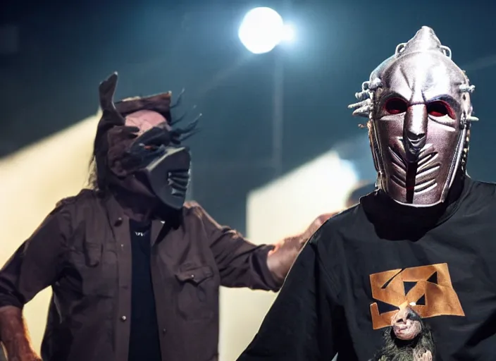 Image similar to publicity photo still of larry david wearing a slipknot mask touring with slipknot live on stage, 8 k, live concert lighting, mid shot