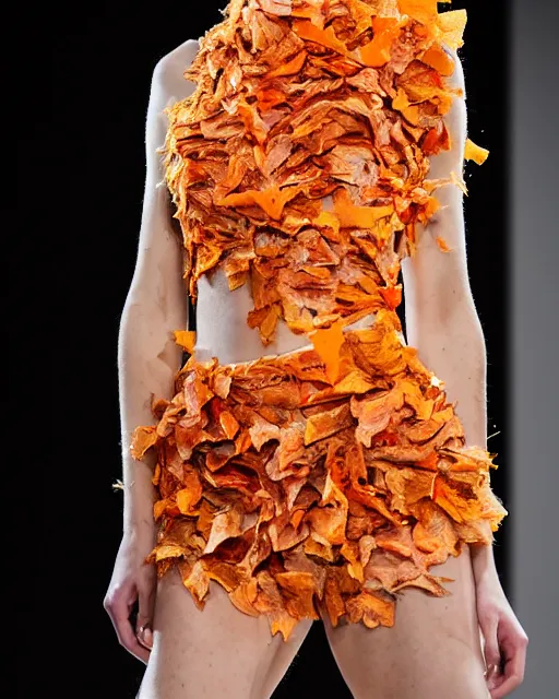 Prompt: multi panel storyboard of olivia wearing an outfit made of orange peels, runway model at new york fashion week, sporty physique, black hair, freckles, pale skin, multiple angles, photo by greg rutkowski, stage lighting, soft colors, female beauty, intricate detail, elegance, 3 5 mm, depth of field, masterpiece