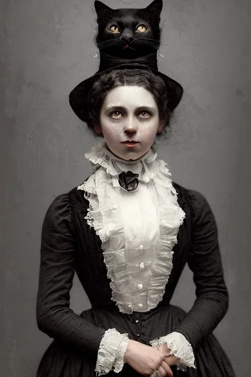 Image similar to wet plate photograph, portrait of an anthropomorphic cat, dressed as a victorian - era woman, dramatic lighting, highly detailed, digital painting, artstation, concept art, smooth, sharp focus, illustration, art by wlop, mars ravelo and greg rutkowski