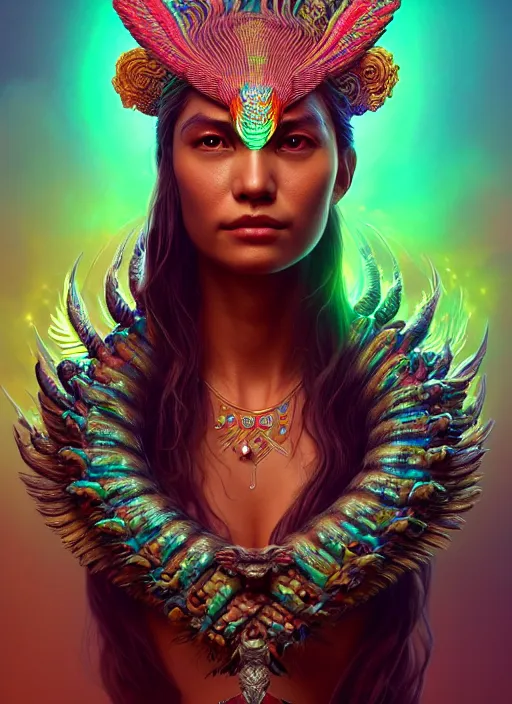Image similar to a wlop 3 d portrait of a goddess, 8 k micro details beautiful intricate highly detailed quetzalcoatl skull and feathers. fire, galaxy, artwork by tooth wu and wlop and beeple and greg rutkowski, trending on artstation,