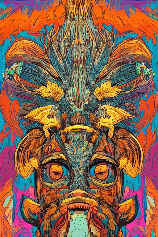 Image similar to animal mask totem roots flower tribal feather gemstone plant wood rock shaman vodoo video game vector cutout illustration vivid multicolor borderlands comics by josan gonzales and dan mumford radiating a glowing aura