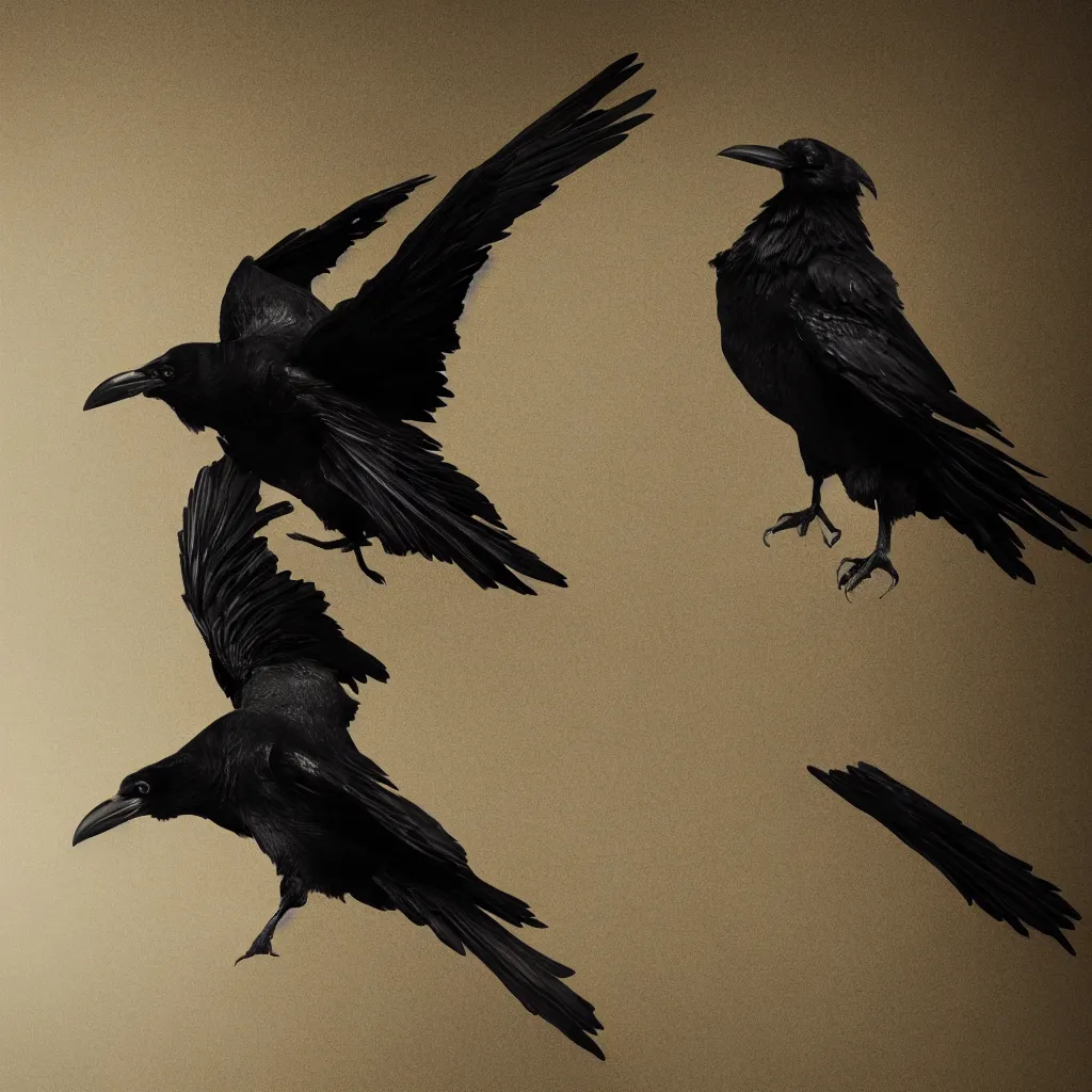 Image similar to Raven with wings made of gold and black eyes, white background, octane render, dramatic, depth of field