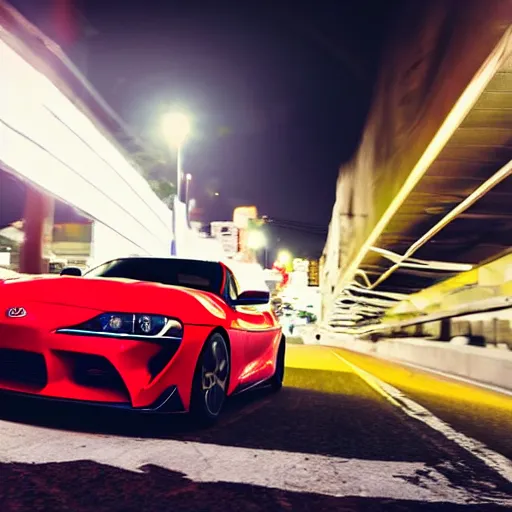 Image similar to still of a toyota supra on the road in Rio De Janeiro, action shot, 85mm, night city, CGSociety , in the spotlight