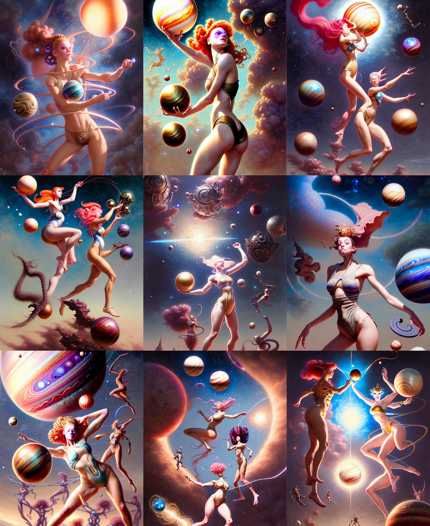 Prompt: girls throwing a ball that looks like jupiter, fantasy character portrait, bikini, bodysuit, leotard, ultra realistic, wide angle, intricate details, the fifth element artifacts, highly detailed by peter mohrbacher, hajime sorayama, wayne barlowe, boris vallejo, aaron horkey, gaston bussiere, craig mullins