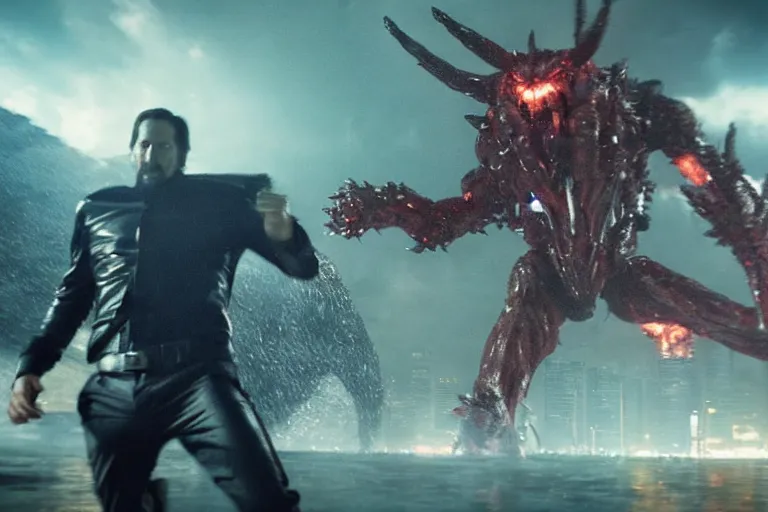 Image similar to film still of john wick fighting a kaiju in tokyo in the new pacific rim movie