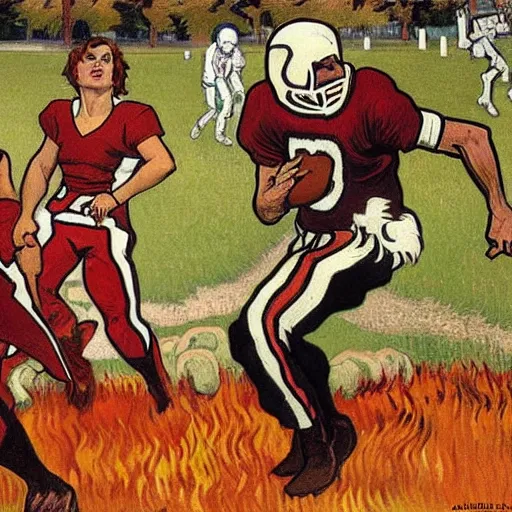 Image similar to painting of arkansas razorbacks playing football at the halloween! party, bubbling cauldron!, candles!, graveyard, gravestones, ghosts, smoke, autumn! colors, elegant, wearing suits!, clothes!, delicate facial features, art by alphonse mucha, vincent van gogh, egon schiele