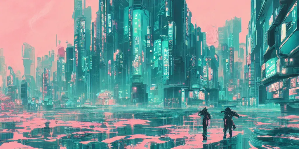 Image similar to beautiful japanese cyberpunk futuristic landscape painting, teal and pink, by tuomas korpi, dan mumford, trending on artstation