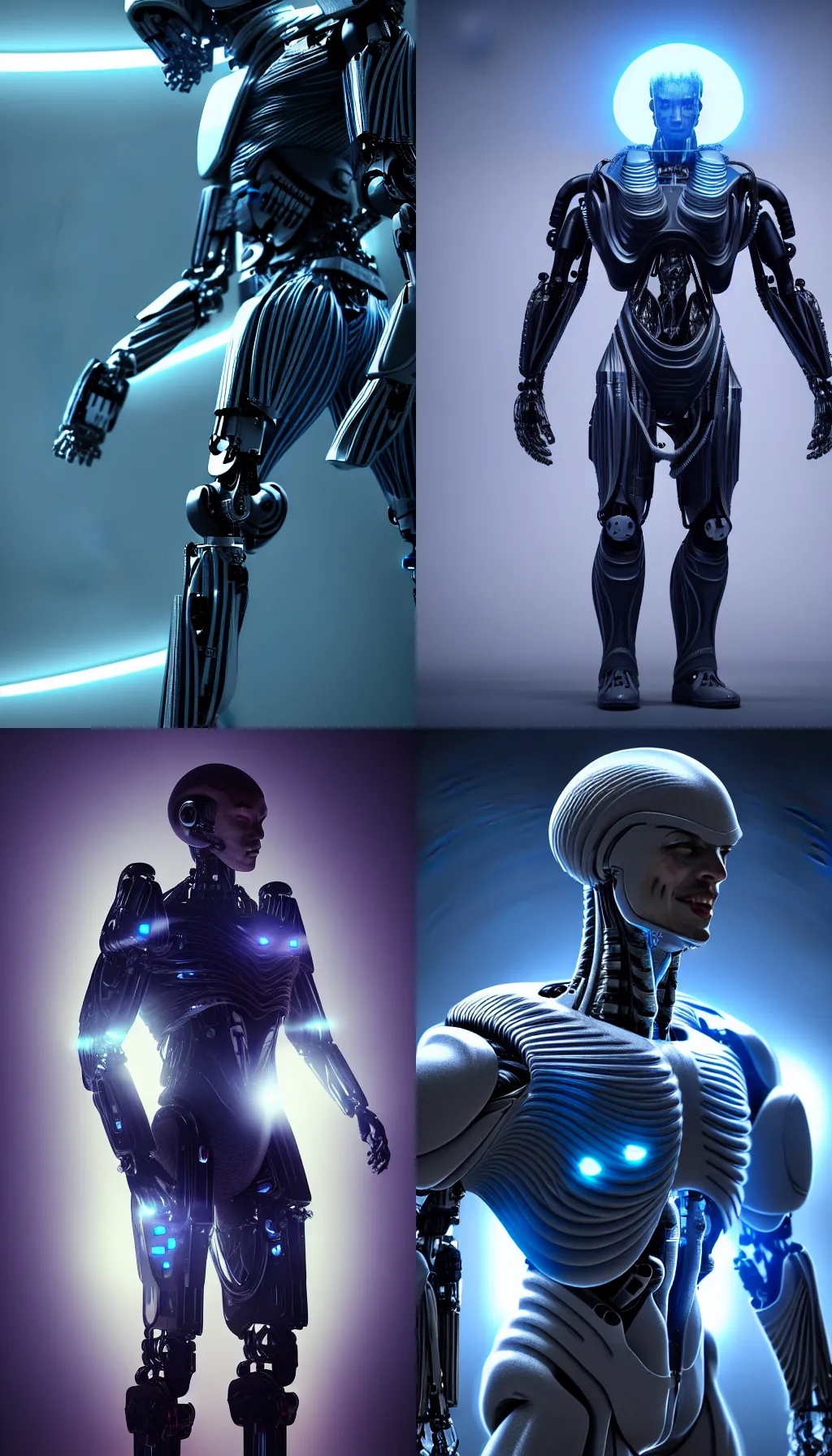 Image similar to tall muscular alien cyborg with huge head in fiber optic exo suit, 8k, octane render