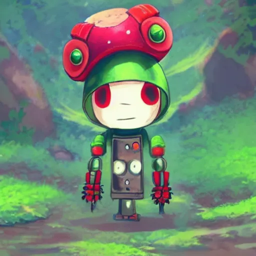 Image similar to cute robot made of plants wearing tomato hat and a chive sword, made in abyss style