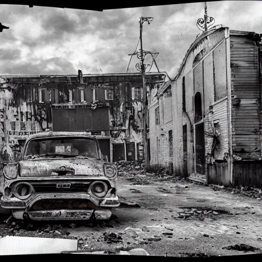 Prompt: black and white, old polaroid of dilapidated fallout 5 europa, temperate european hamlet, desolate, dilapidated neon signs, few rusted retro futuristic vintage parked vehicles, volumetric lighting, photorealistic!!!, daytime, autumn, gloomy weather, ultra detailed!!!