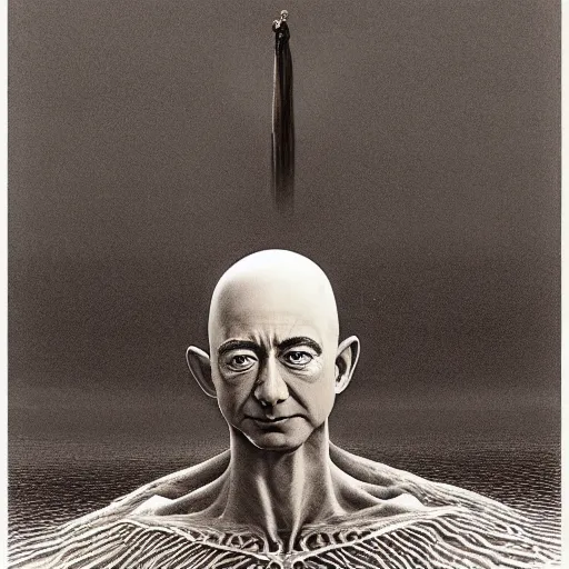 Image similar to Jeff Bezos. Fear. Zdzisław Beksiński
