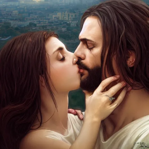 Image similar to jesus kissing a sensual woman in jerusalem, elegant, highly detailed, digital painting, artstation, concept art, matte, sharp focus, highly detailed, 4 k, hdr, smooth, sharp focus, high resolution, award - winning photo, photorealistic, art by artgerm and greg rutkowski and alphonse mucha, large shot