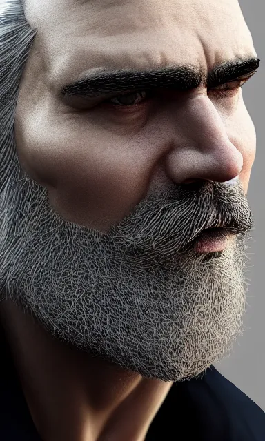Prompt: face closeup covered with 4 0 year old caucasian man, symmetric face, serious medium look, medium sized eyebrows, gren and grey eyes, pale skin, silver grey full beard with some black hairs, shoulder long silver grey hair, 3 d render, hyper - realistic detailed portrait, ruan jia, wlop