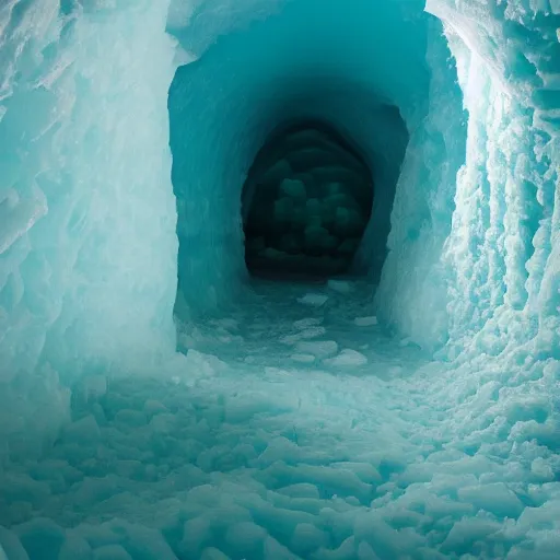 Prompt: photo inside a teal ice cave