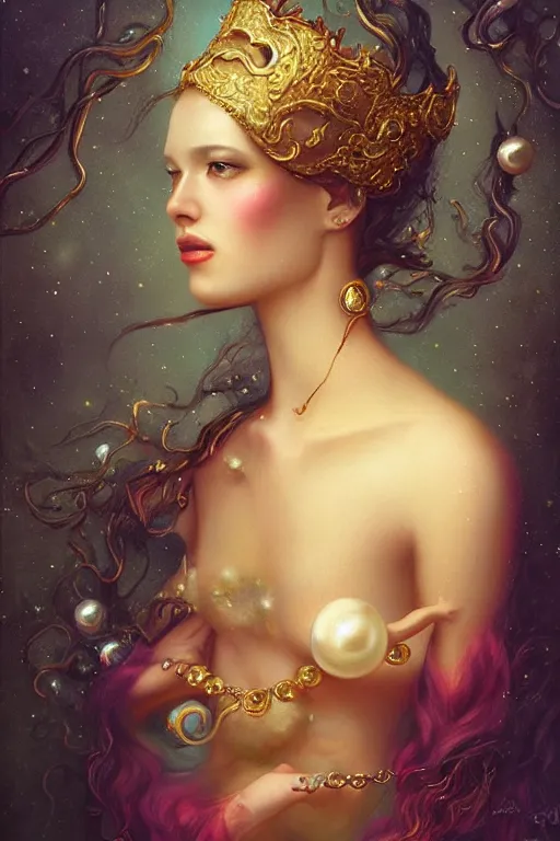 Prompt: Gold Crown with iridescent pearls, jewels, other worldly, rococo, by Anato Finnstark, Tom Bagshaw, Brom