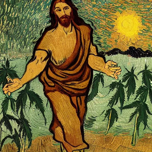 Image similar to jesus with devil spreads his hands against the background of growing cannabis. an oil painting in the style of van gogh