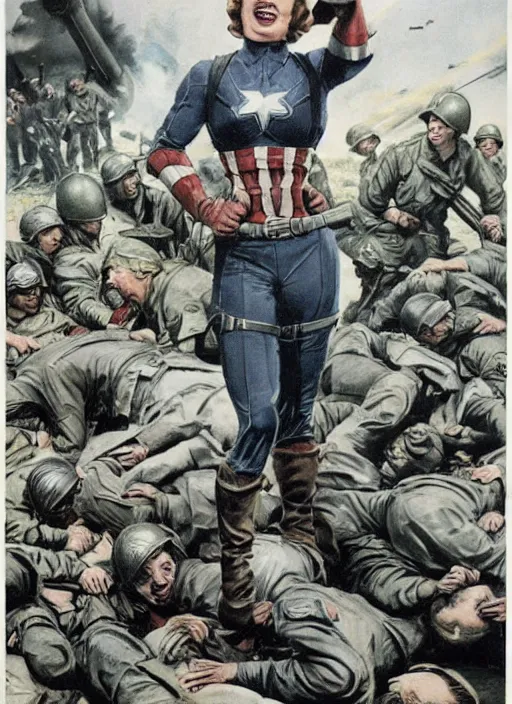 Prompt: female captain america standing on a pile of defeated german soldiers. feminist captain america wins wwii. american wwii propaganda poster by james gurney