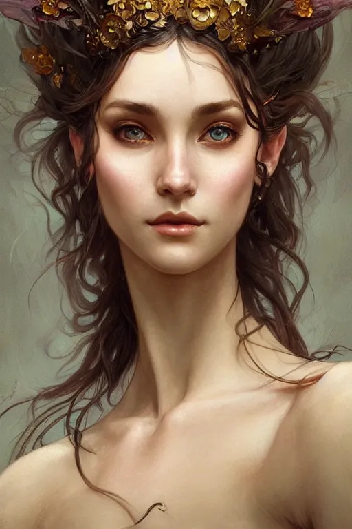 Image similar to up close portrait of a beautiful fae, d & d, face, fantasy, intricate, elegant, highly detailed, digital painting, artstation, concept art, smooth, sharp focus, illustration, art by artgerm and greg rutkowski and alphonse mucha