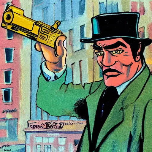 Image similar to detective pointing gun at camera, city street, artwork by ralph bakshi