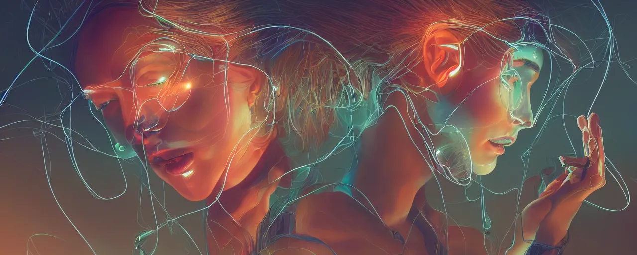 Prompt: A young woman with wires coming out of her head connecting to a computer, 4k wallpaper, digital art, deep colors, heavenly lighting, realistic reflections, light refraction, trending on arstation, by Victoria Rose, by Josan Gonzalez, by Juan Osorio