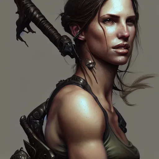 Prompt: portrait of laura croft, defined upper body, fantasy, intricate, elegant, highly detailed, digital painting, artstation, concept art, matte, sharp focus, illustration, art by aenaluck and roberto ferri and greg rutkowski, epic fantasy, digital painting